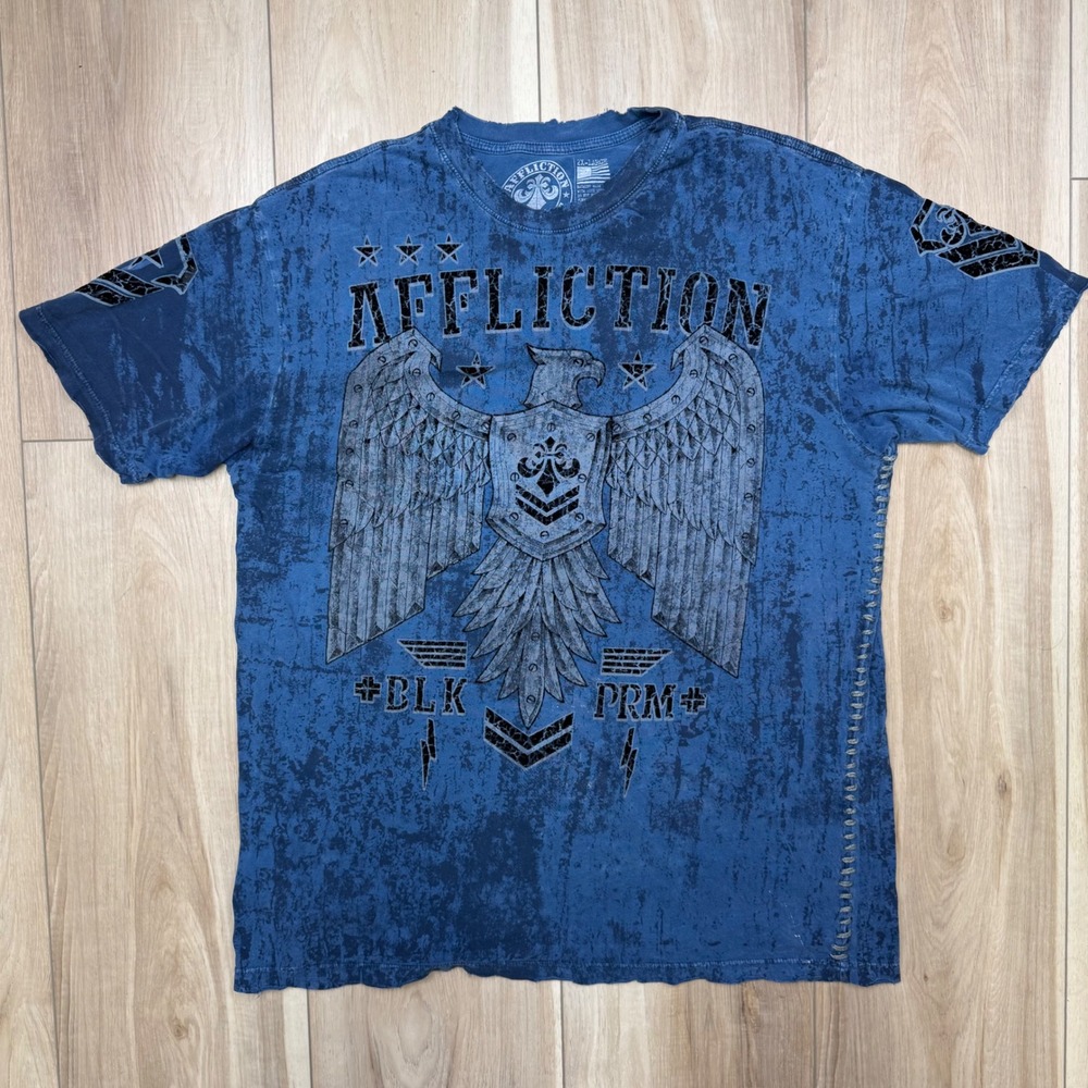 Affliction Live Fast T Shirt Mens 2XL Blue Graphic Eagle Distressed MMA Flocked
